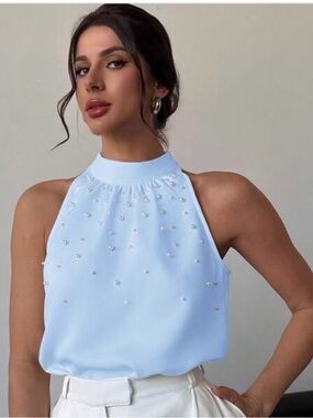 Pearl blouse silky beaded sleeveless shell silk blouse baby blue halter top S 4